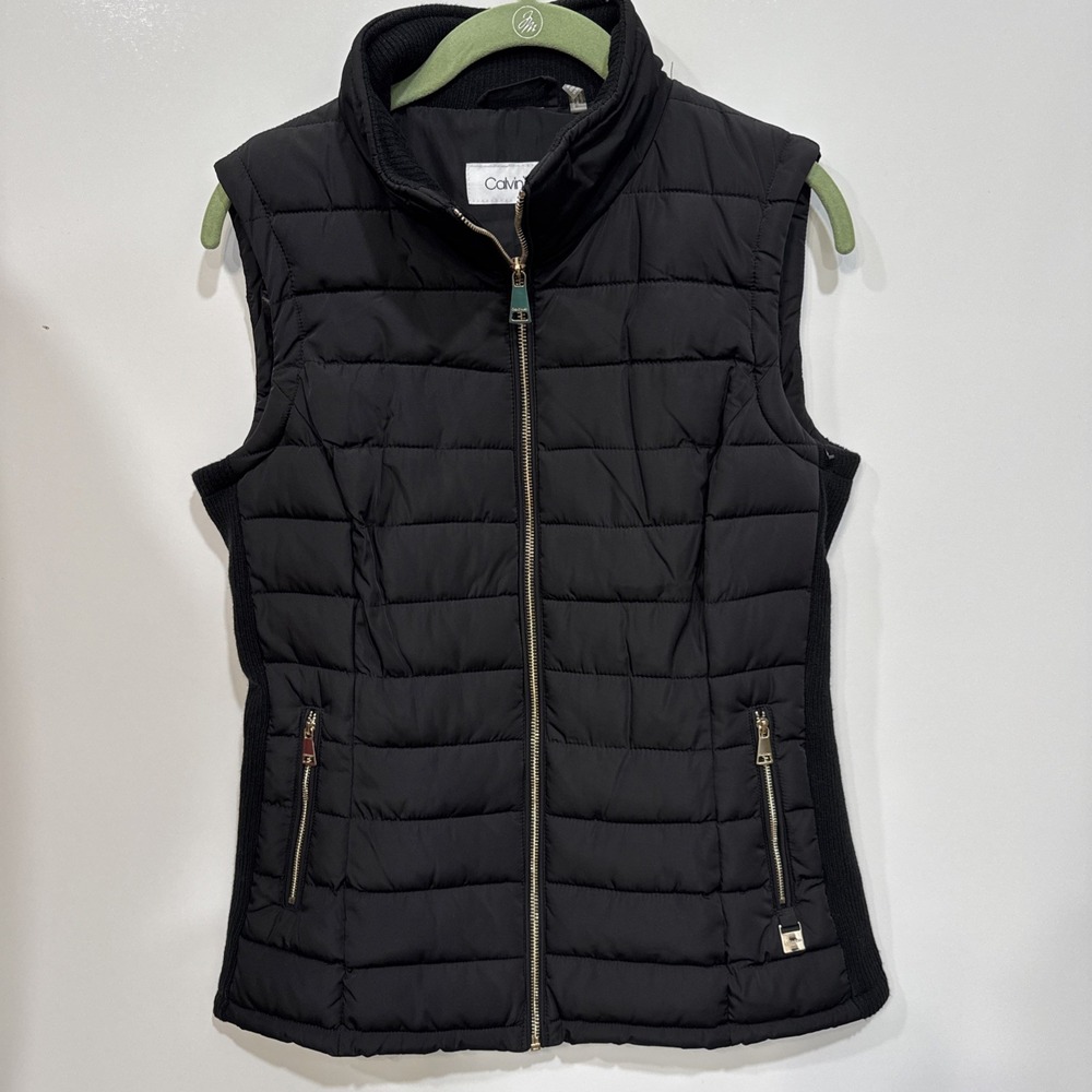 Women's Calvin Klein Puffer Vest‎ Sz S Black Quilted Ski Jacket CK Gold Zipper